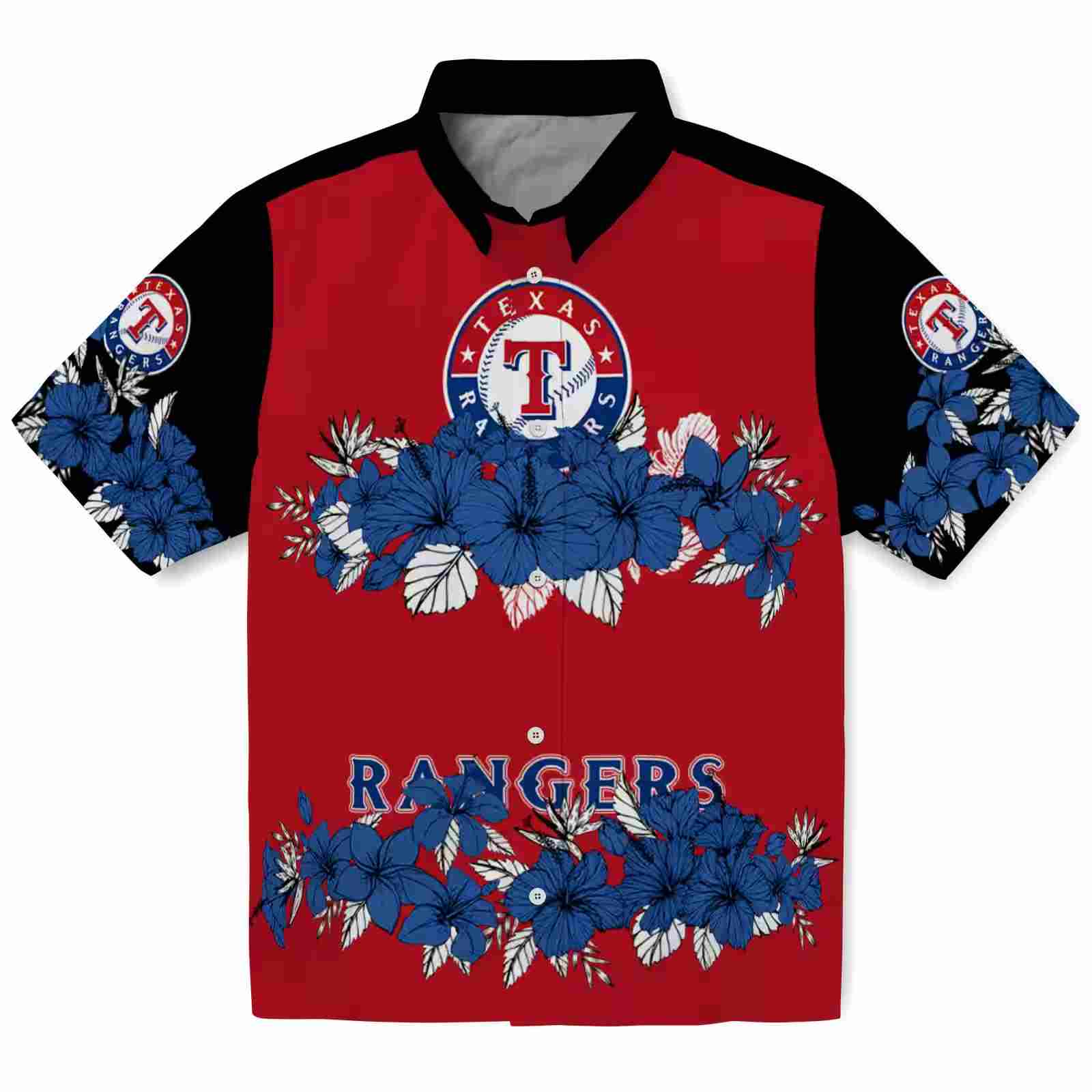 Texas Rangers Hibiscus Stripe Blue Black Hawaiian Shirt