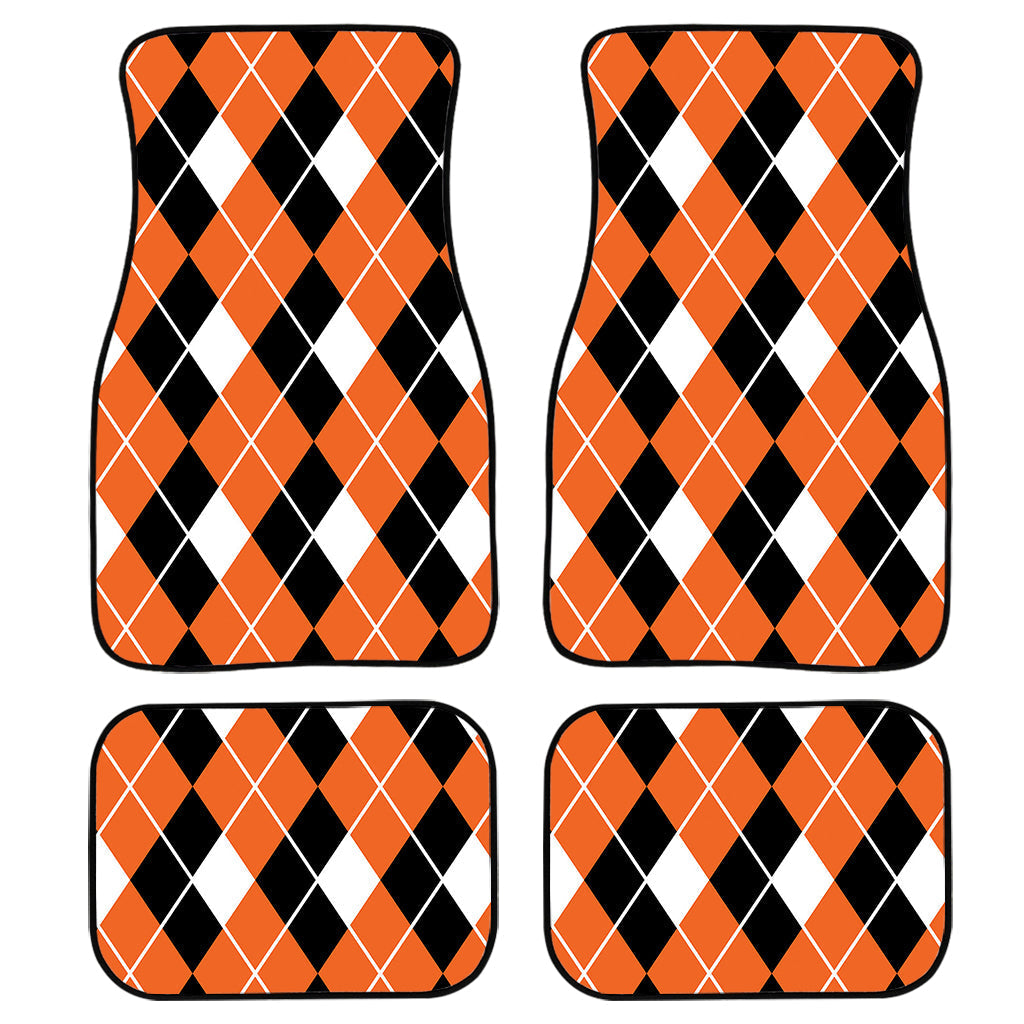 Orange White And Black Argyle Print Front And Back Car Floor Mats, Front Car Mat