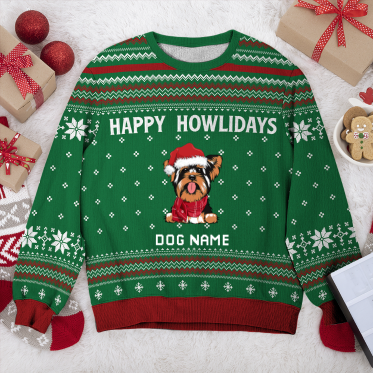 Yorkshire Terrier Happy Howlidays Personalized Sweater, Dog Ugly Christmas Sweater