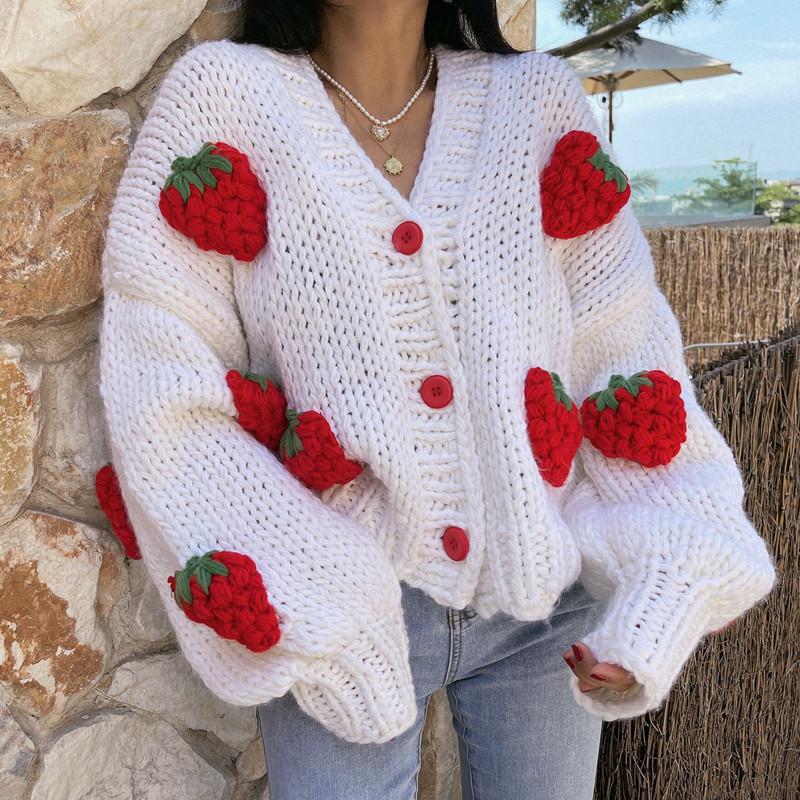 Women’s Winter Sweater Coat Thick Knitwear Strawberry Chic Crochet Tops Autumn V-neck Loose Vintage Casual Cardigan For Women alx