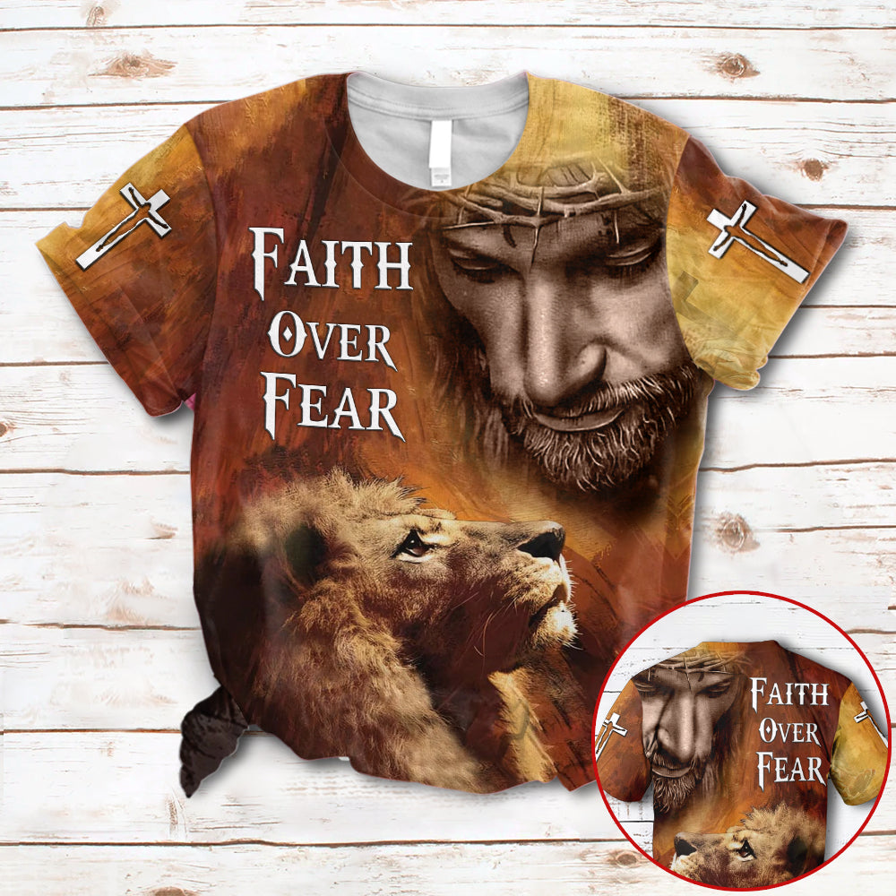 Faith Over Fear Jesus Christ And Lion Of Judah All Over Print Shirts 3D Hoodie Sweatshirt Tshirt For Men And Women, Kl97