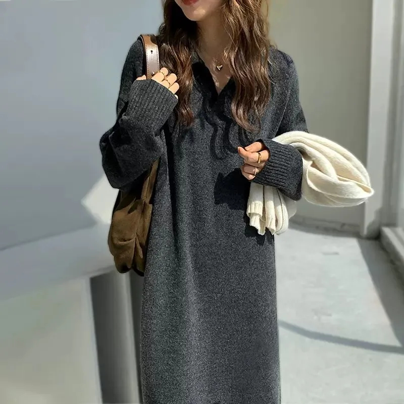 Casual Thicken Warm Loose Sweater Dress Women Autumn Winter Lapel Full Sleeve Solid Long Knit Dress Vestidos De Mujer Robe Femme alx