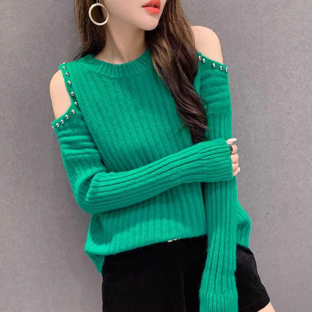 Autumn And Winter New Fashion Solid Off Shoulder Knitwear Women’s Casual Loose Long Sleeve Women’s Sweater alx