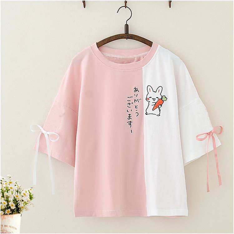 japanese Style Rabbit Kawaii Women T Shirt 2021 Summer Cute Bunny Green Tops Girls Lolita Bow Short Sleeve Lace Up Tee Shirts alx