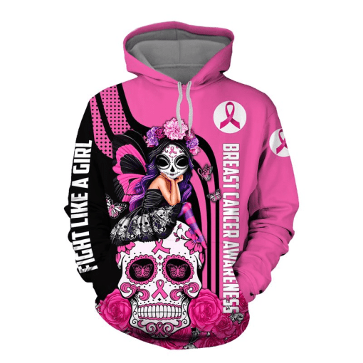 Fight Like A Girl Breast Cancer Awareness Suagr Skull And Little Butterfly Skull Girl Breast Cancer 3D Clothes