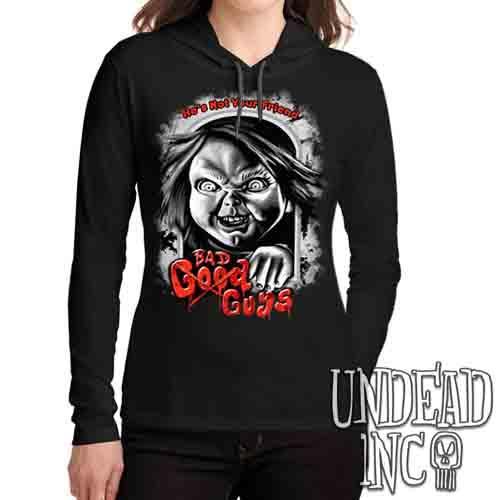 Chucky Bad Guys Black & Grey – Ladies Long Sleeve Hooded Shirt