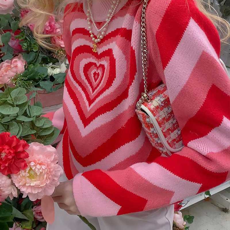 Y2K Green Sweater Aesthetics Heart Striped Sweater Turtleneck Sweet Pullovers Knitted Crop Top Long Sleeve Harajuku 90s Knitwear alx