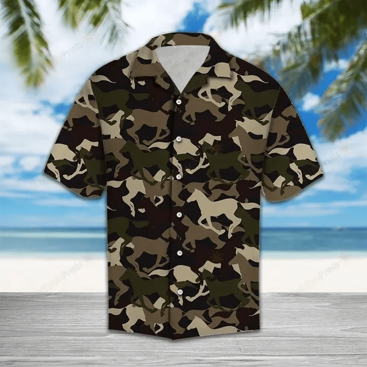 Military Camo Horse Racing Unisex Hawaii Summer Beach Shirts Ha85343