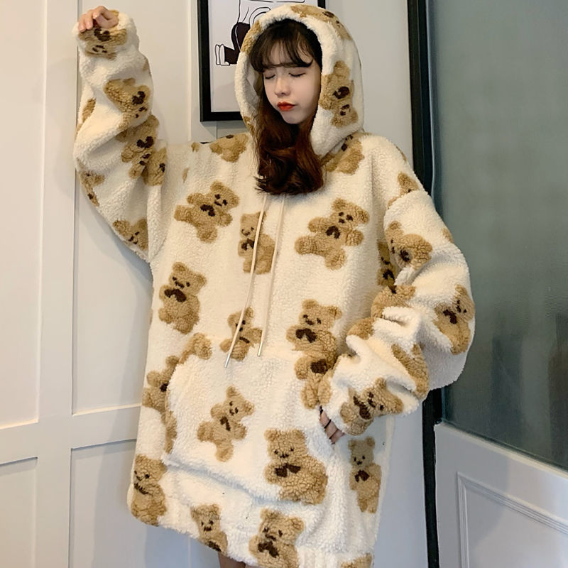 Women hooded sweatshirt lamb wool velvet bear hooded sweater loose Korean lazy style autumn and winter ins student jacket 2021 alx