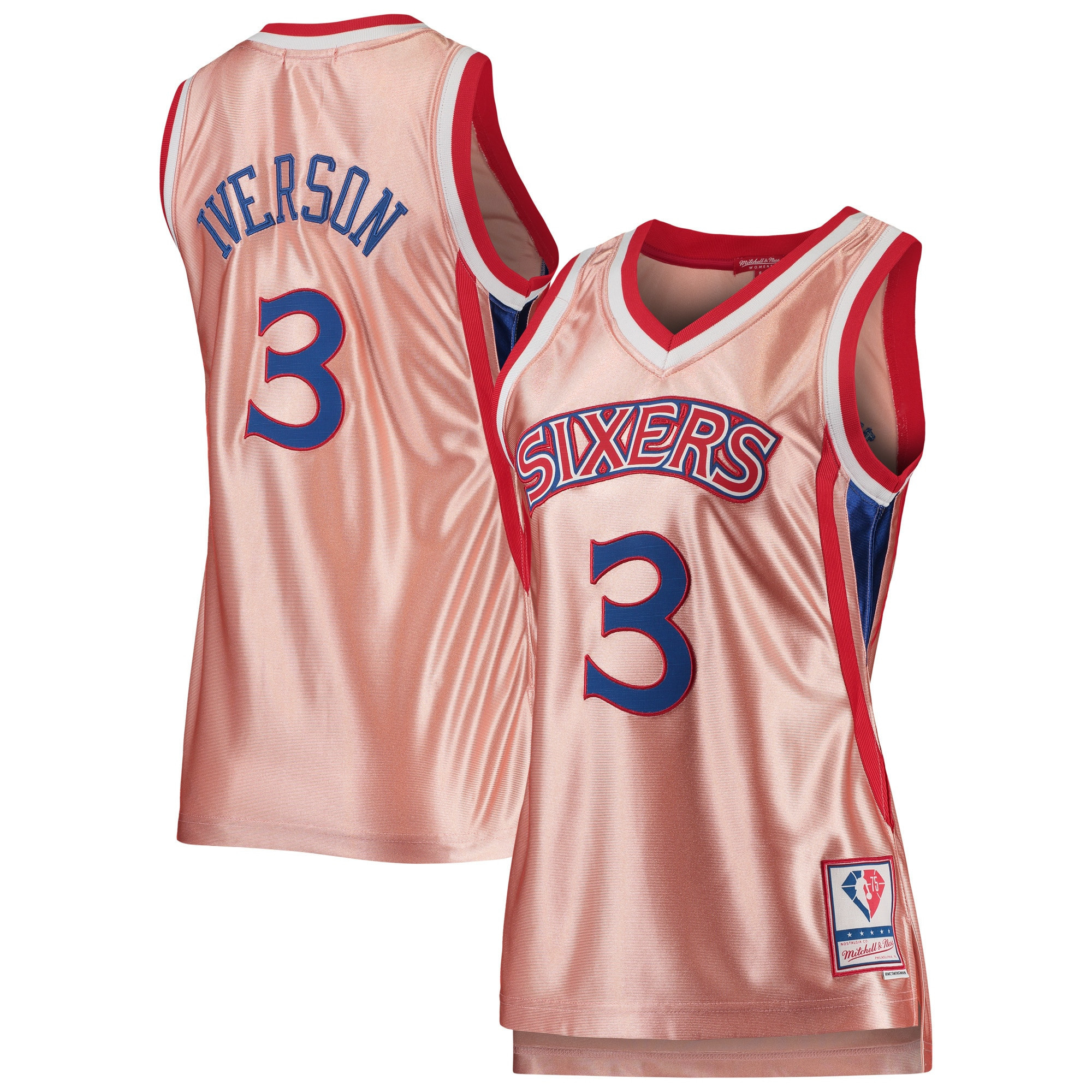 Allen Iverson Philadelphia 76ers Mitchell & Ness Womens 75th Anniversary Rose Gold 1996 Swingman Jersey – Pink NBA