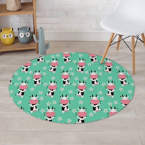 Cute Cow Floral Print Round Rug