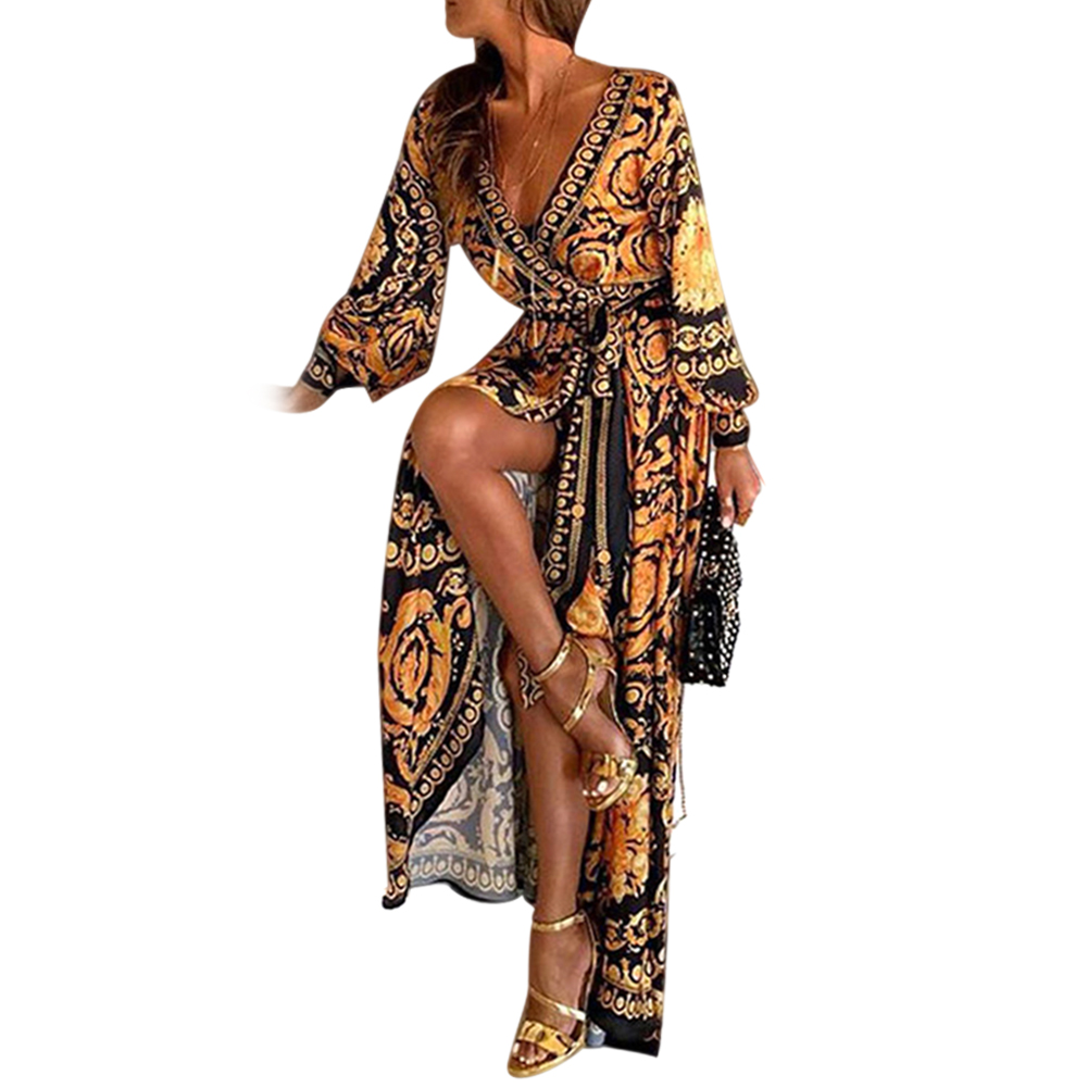 Womens Boho V-Neck Printed Sundress Long Maxi Dress for Summer alx