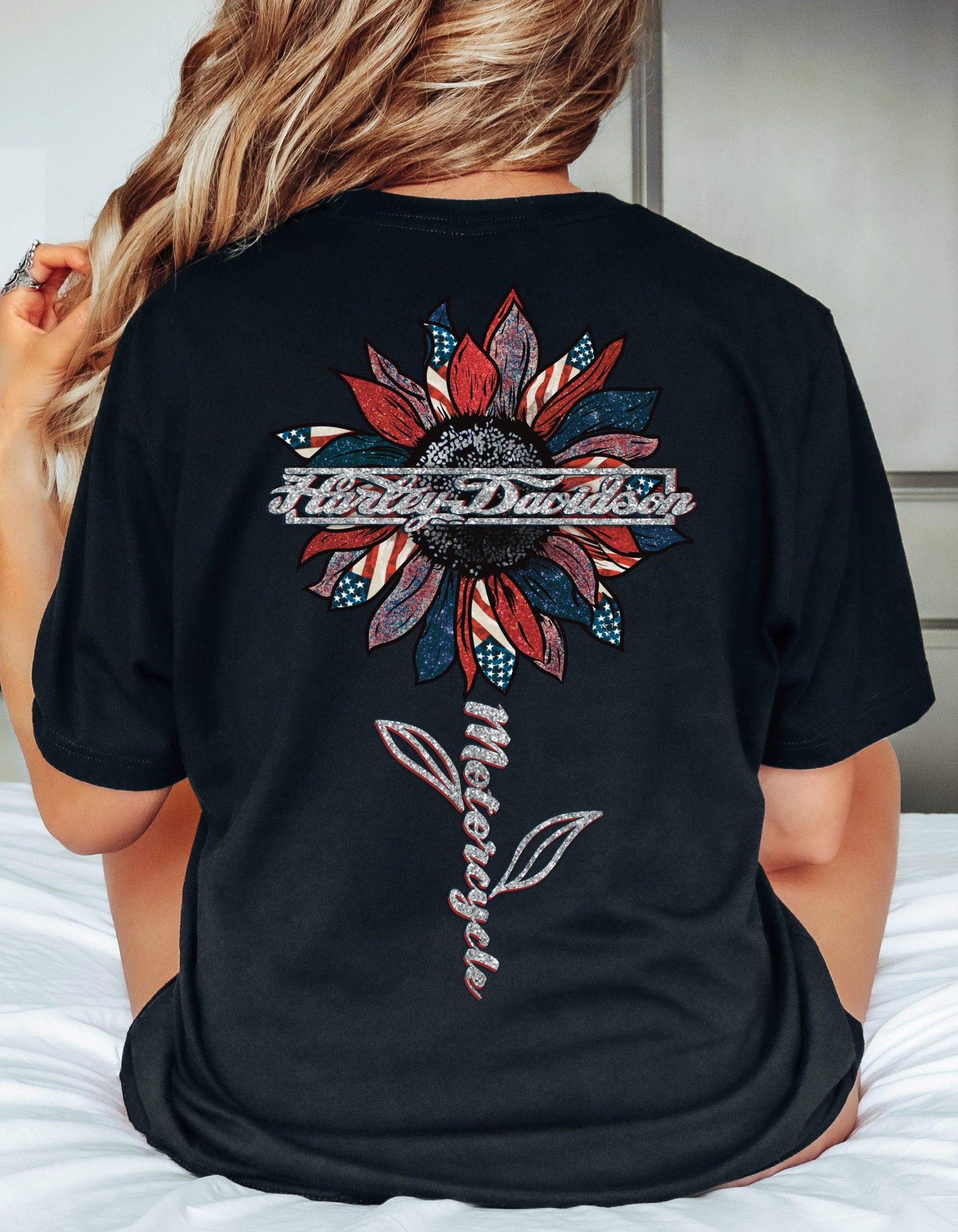 Harley Davidson Patriotic Flower T Shirt, Mama Loves to Ride Shirt, Independence Day Shirt, Harley Davidson Mama Rider, Graphic T Shirt