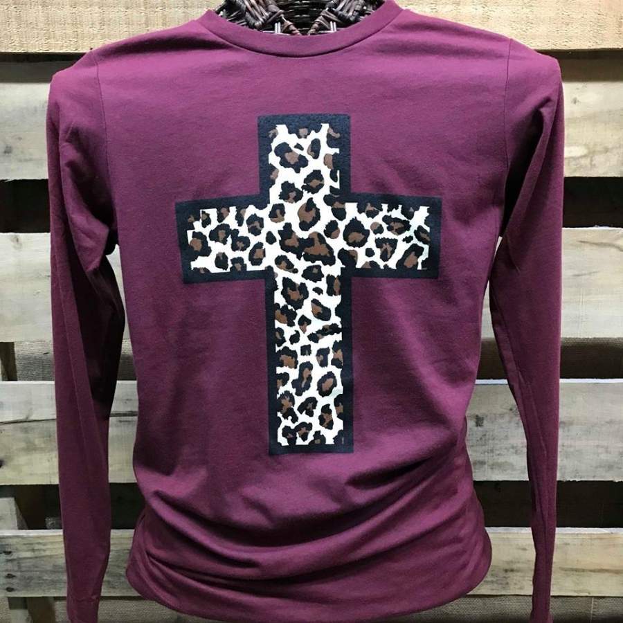 Southern Chics Apparel Leopard Cross Canvas Long Sleeves T Shirt