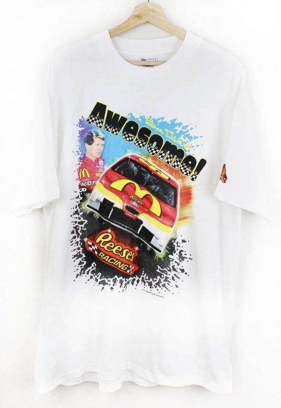 90S Vintage Nascar Racing Shirt 1998 Bill Elliot Reeses Racing Graphic Shirt Mcdonalds Race Car Big Graphic White Shirt