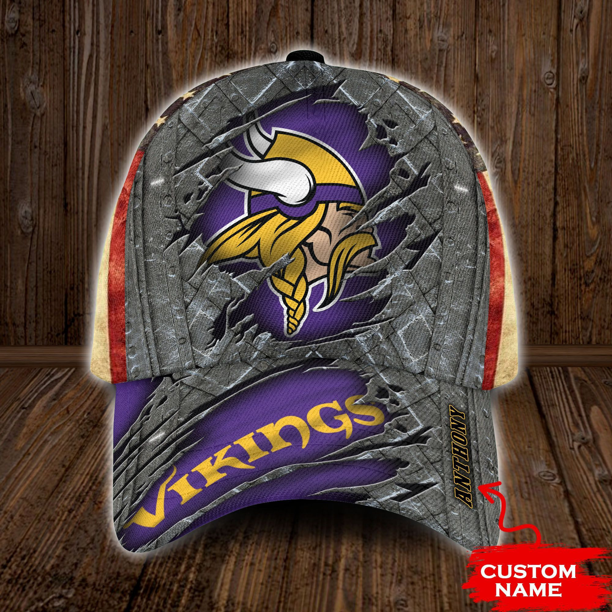 Personalized Minnesota Vikings Usa Flag All Over Print 3D Baseball Cap – Purple