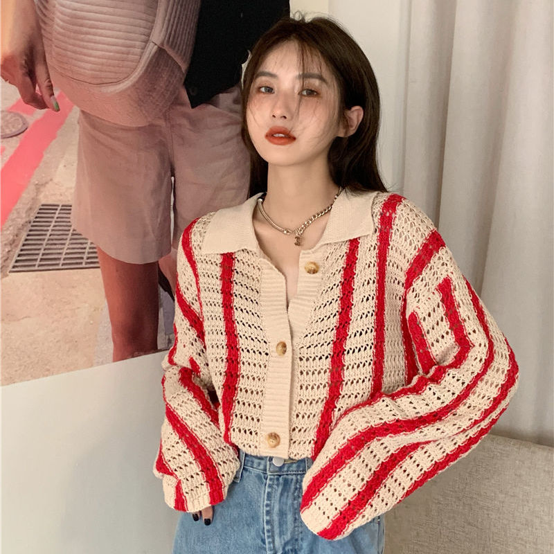 Turn Down Collar Cardigans Striped Hollow Out Spring Autumn Knitted Outwear Single Breasted Ulzzang Streetwear All Match Chic alx