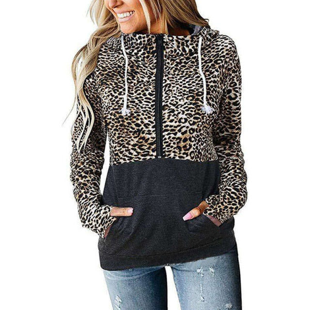 Leopard Camouflage Print Patchwork Zipper Pocket Sleeved Loose Hoodies