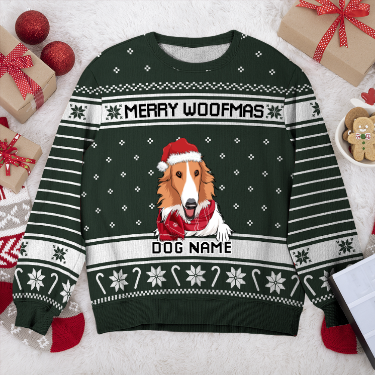 Boston Terrier Merry Woofmas Personalized Sweater, Dog Ugly Christmas Sweater