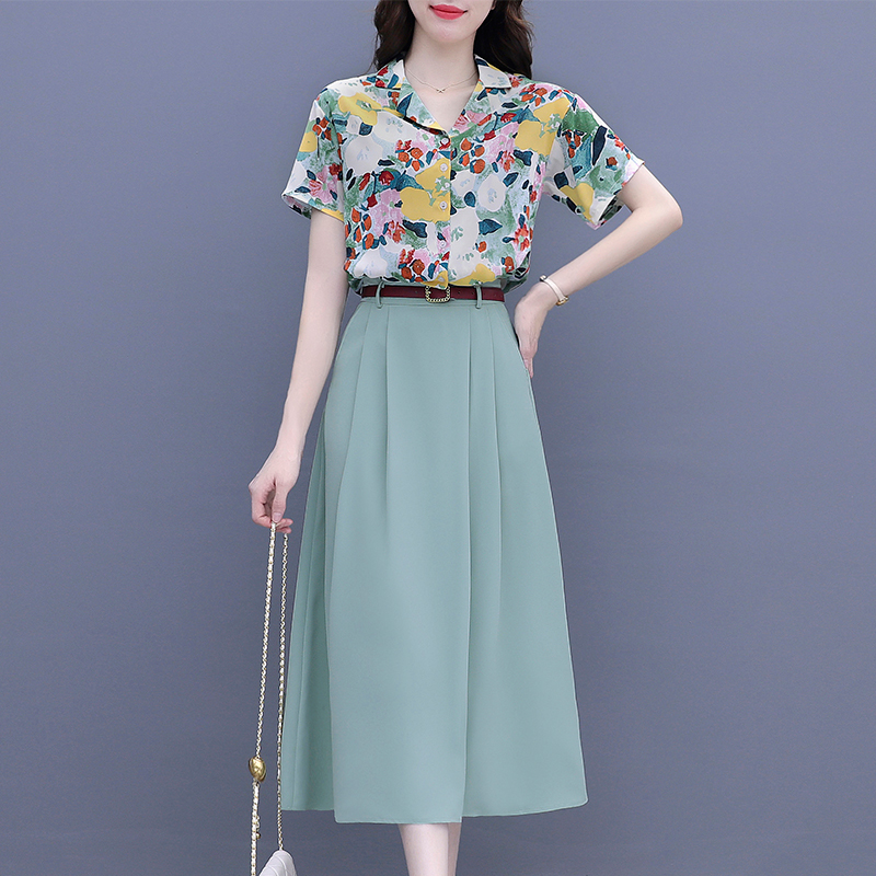 Summer fashion Suits Retro Floral Print Lapel Top + High Waist Solid Color Skirt Age-reducing Two Piece Sets Womens Outifits alx