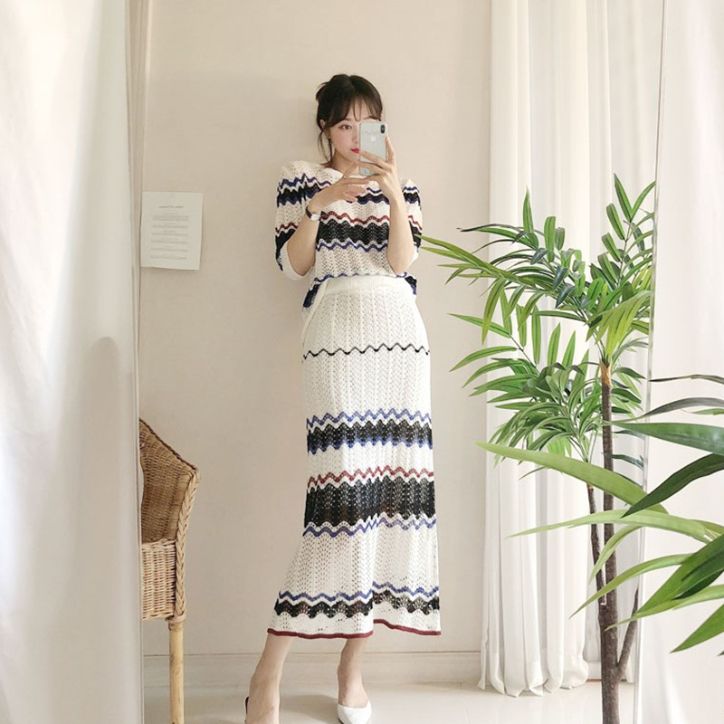 Summer Korean Striped Knit Dress Woman Elegant O Neck Hollow Out Short Sleeve Knit Top + High Waist Slim Midi Skirt 2 Piece Set alx