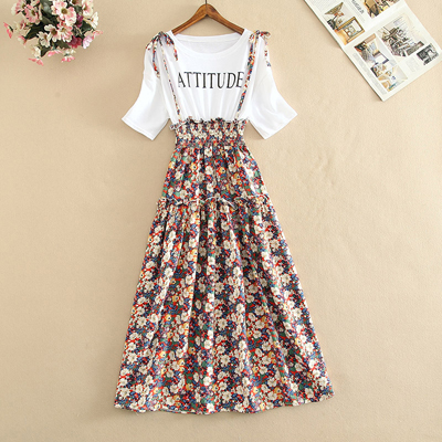 Summer New Cotton Flower Print Dress Casual Cute Women Floral Long Bowknot Dresses Short Sleeve Fake Two Piece Shirt Vestidos alx