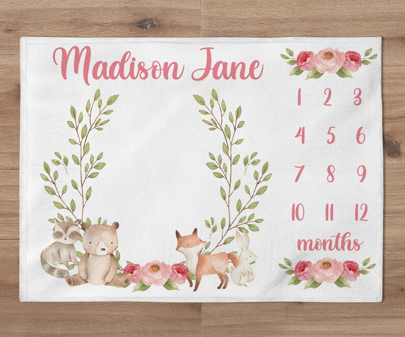 Woodland Baby Gril Milestone Blanket, Floral Woodland Animals Name Blanket, Personalized Bear Fox Rabbit Blanket, Woodland Baby Shower Gift