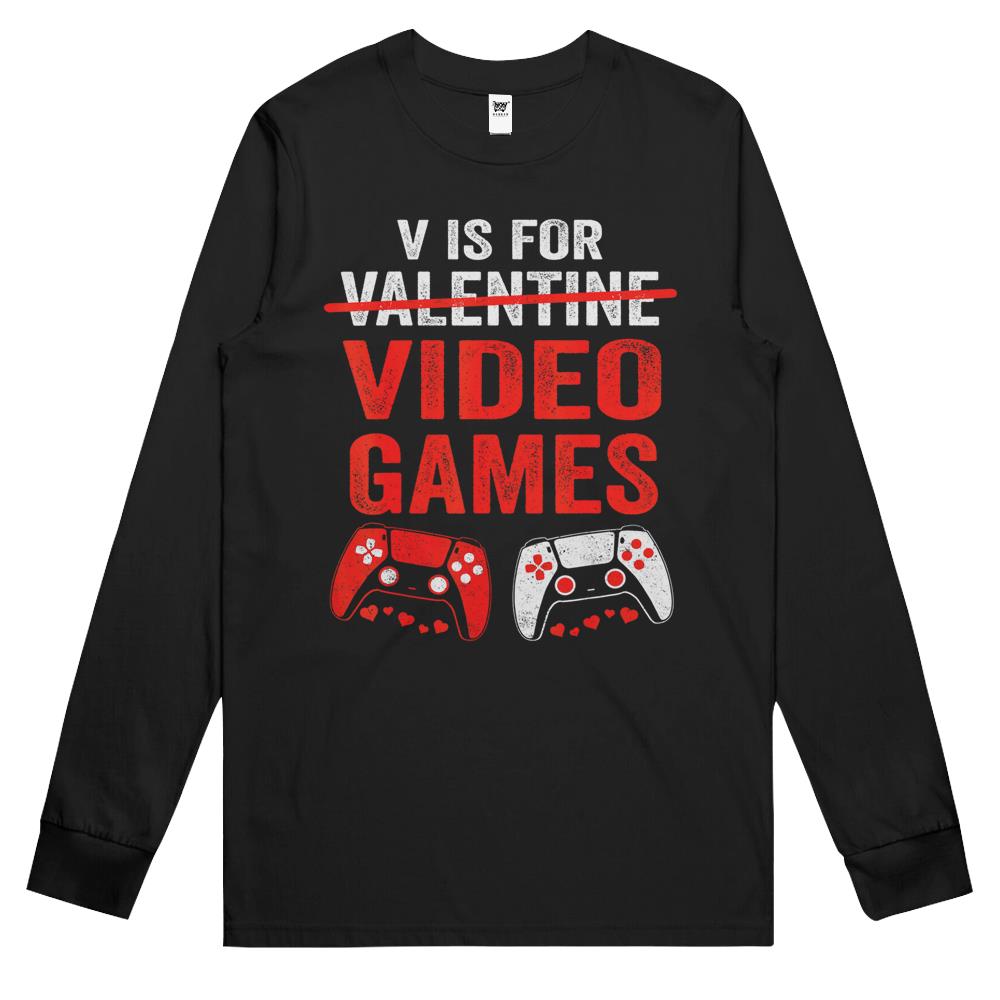 V Is For Video Games Funny Valentines Day Gamer Boy Men Gift Long Sleeve T Shirts