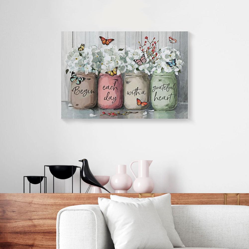 Canvas Prints Begin Each Day With A Grateful Heart Hydrangea Art Butterfly Canvas Wall Art Home Decoration