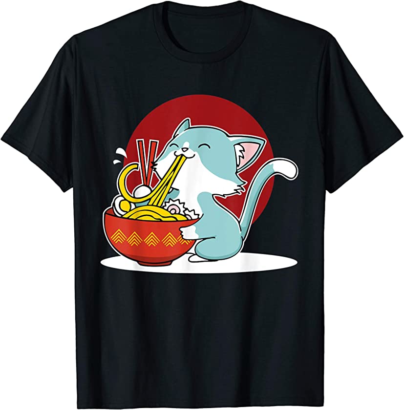 Cat Eating Japanese Ramen Noodles Soup Bowl Kawaii Kitten T-Shirt