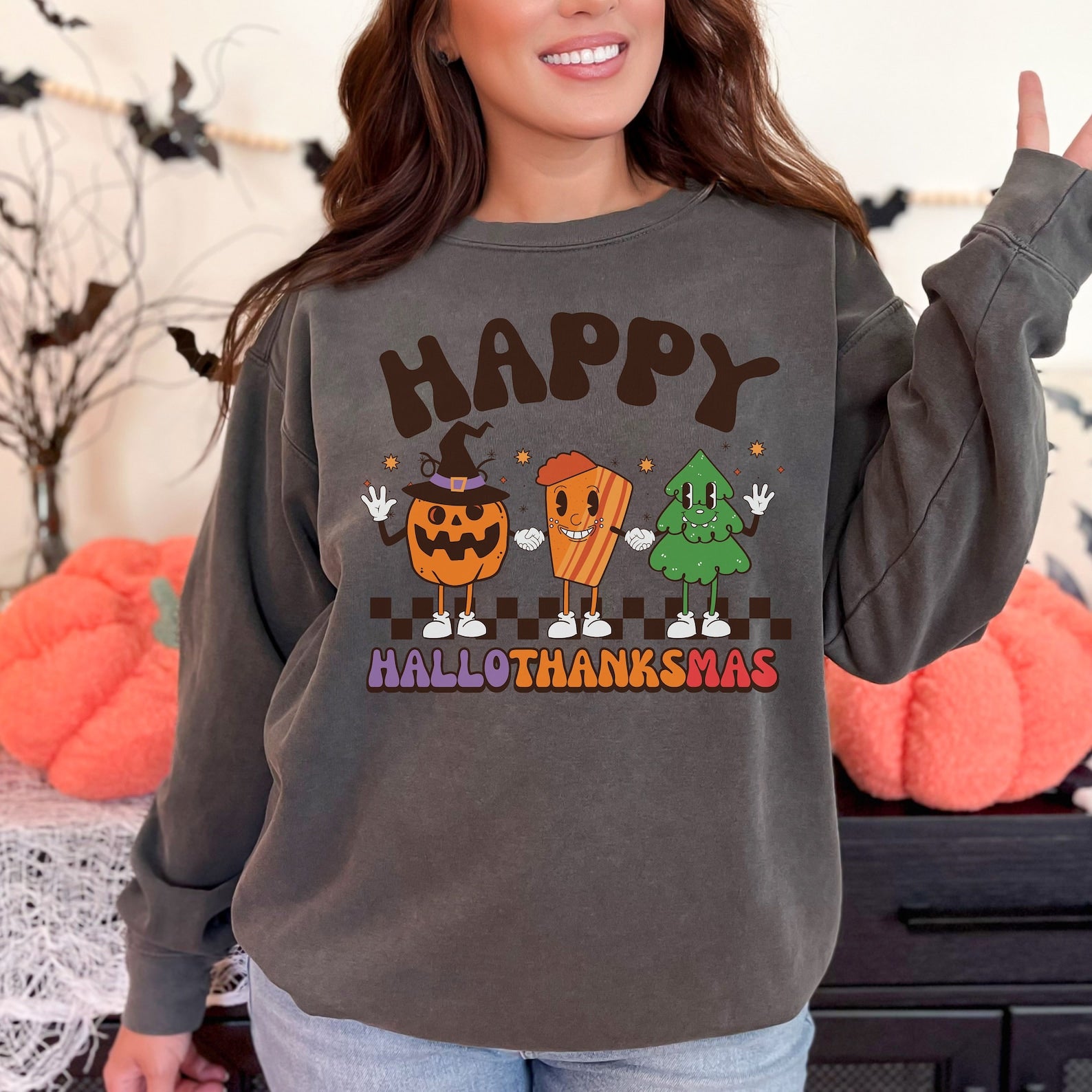 Happy Hallothanksmas Sweatshirt Halloween 2D Crewneck Sweatshirt All Over Print Sweatshirt For Women Sweatshirt For Men Sws3645