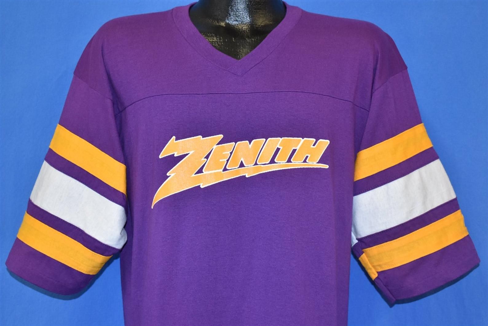 90S Zenith Electronics Purple Yellow Striped T-Shirt