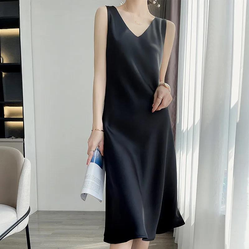 Acetate satin suspender dress women’s spring and summer new Korean style fashion inside and outside wear mid-length casual dress alx