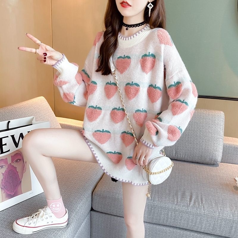 2022 Winter New Printed Peach Jacquard Y2k Sweater Women Loose Outer Wear Autumn and Winter Cute Base Top Pullover Long Sleeve alx