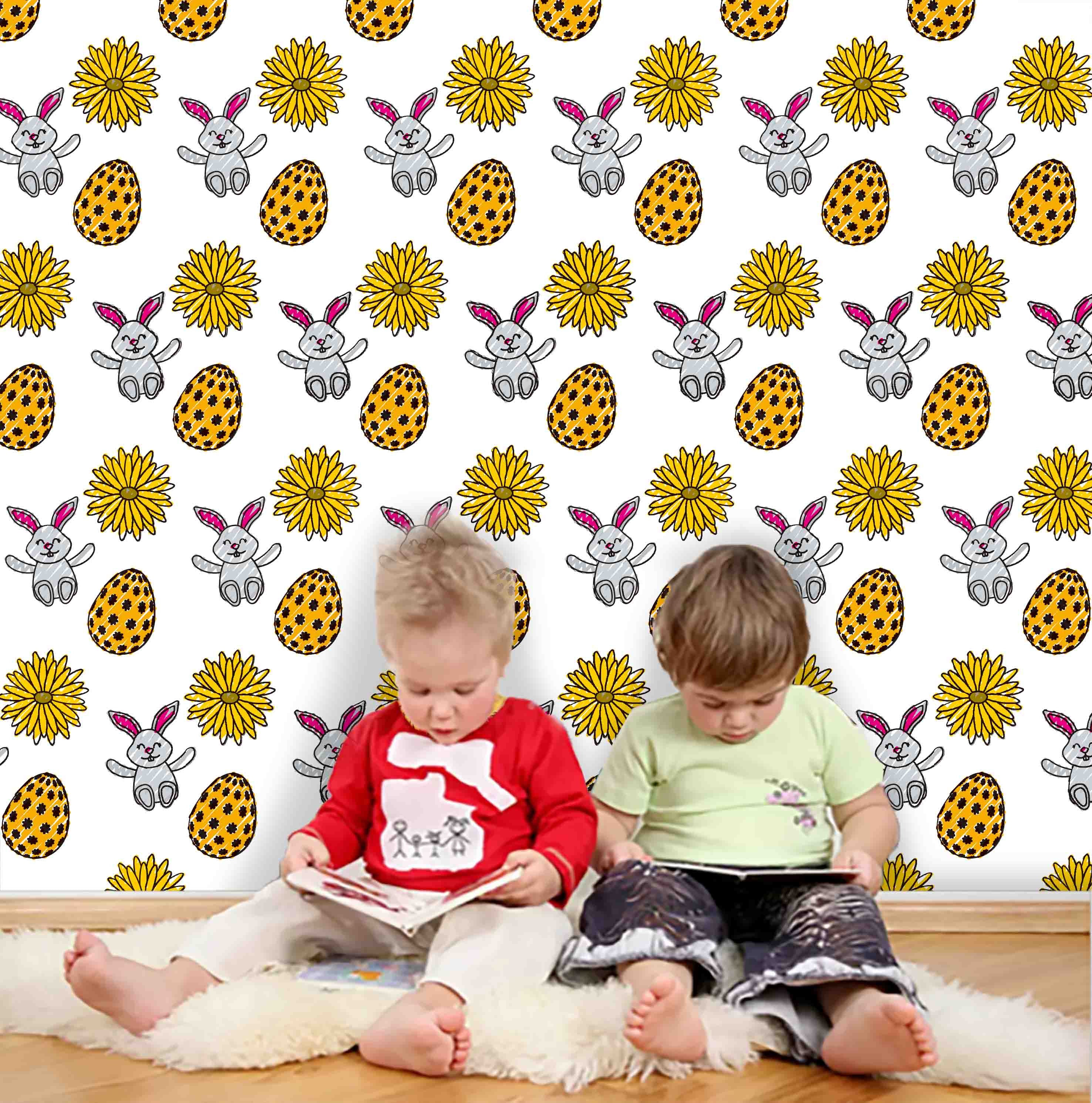 3D Kids, Cartoon, Rabbit, Flower Wallpaper-Nursery