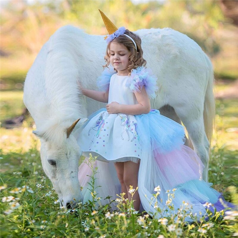 Unicorn Summer Baby Girls Princess Dress Birthday Party Long Tail Rainbow Prom Gown Wedding Dress Up Infant Carnival Vestidos alx