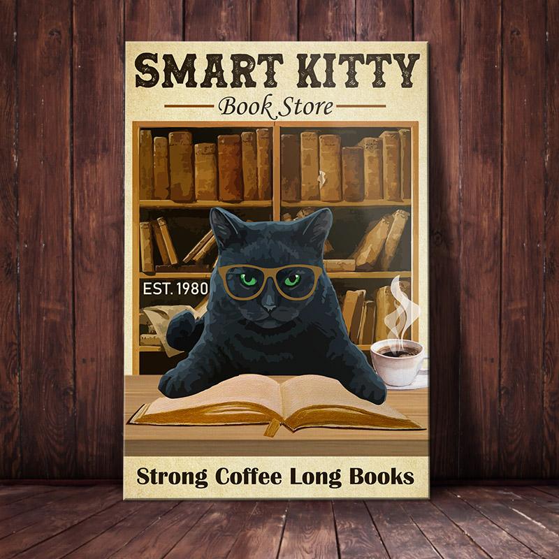 Black Cat Canvas And Poster Smart Kitty Bookstore | Art Print | Home Decor | Room Decor | Wall Art