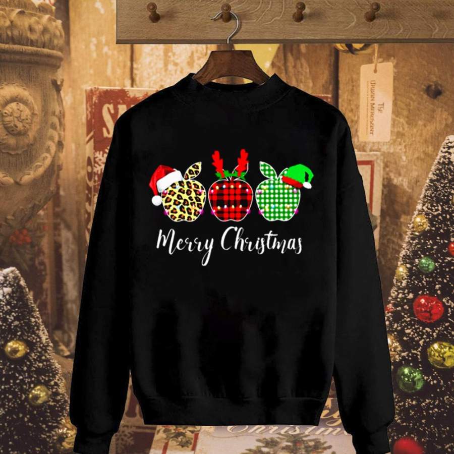 Teacher appel merry christmas leopard plaid aples santa hat deer black sweatshirt for men and women S-5XL