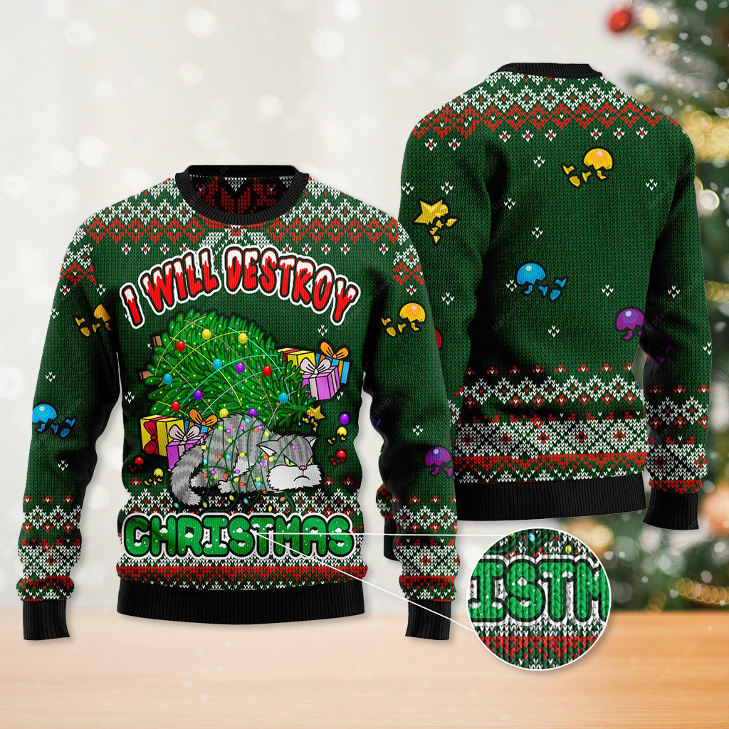 Funny Ugly Christmas Sweater 2023 Cat Will Destroy Christmas 3D Ugliest Christmas Sweater 2023 Ever Funny Gifts For Christmas
