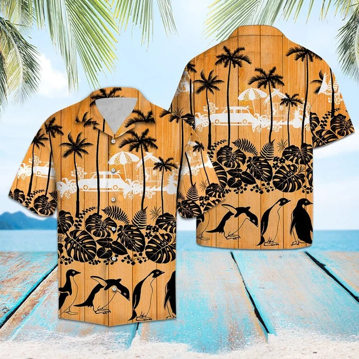 Waybackapparel Happy Penguin Palm Tree Summer Vacation 3D Hawaiian Shirt