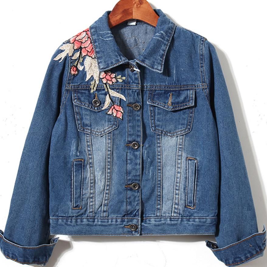 Flower Embroidered Long Sleeve Denim Jackets