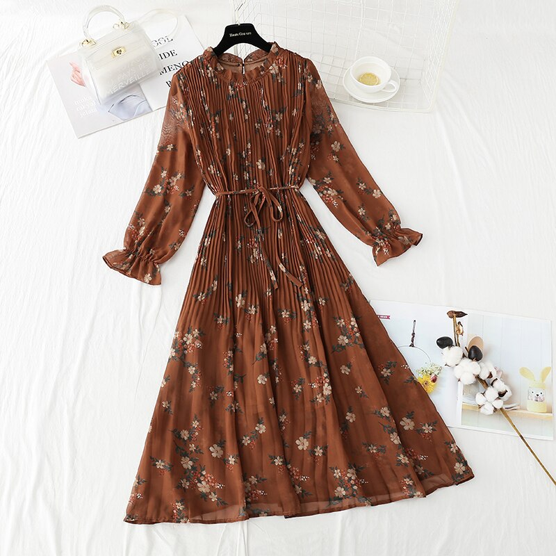 2021 Spring Vintage Print Chiffon Dress Women Boho Long Sleeve A Line Pleated Floral Dress Elegant O Neck Summer Beach Vestidos alx