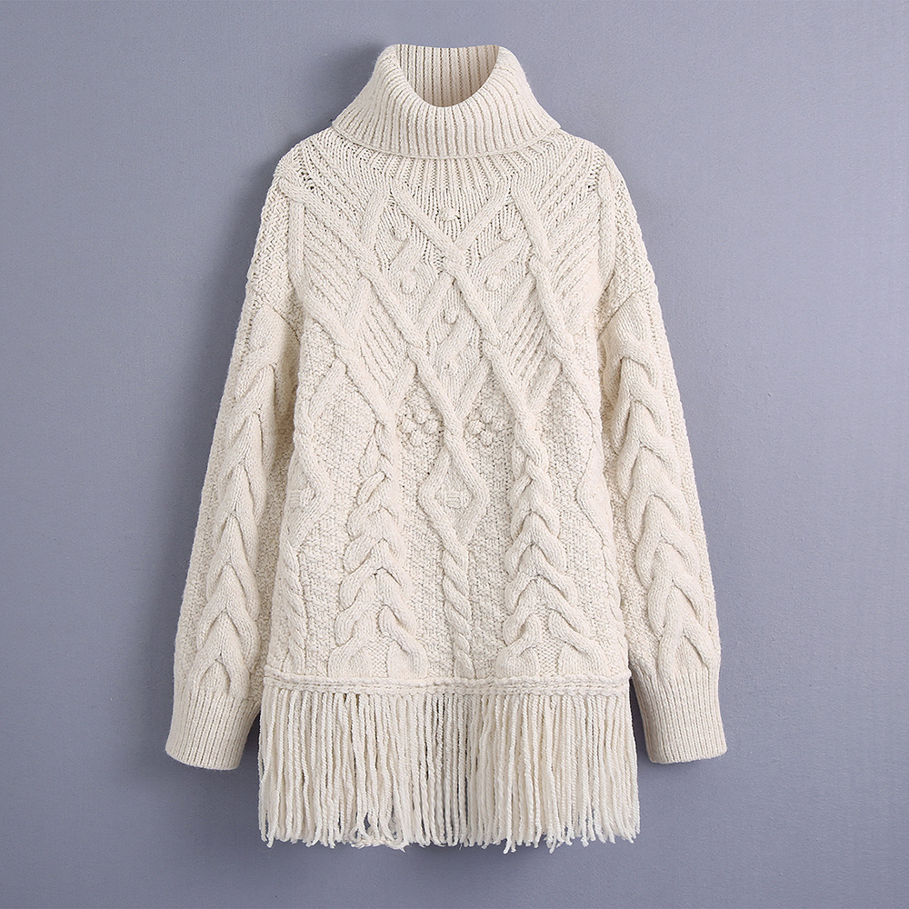 Sweaters For Women 2021 Fringed Hem Vintage Cabel Knitted Sweater Pullover Winter Warm Long Sleeve Turtleneck Sweater Jumper alx