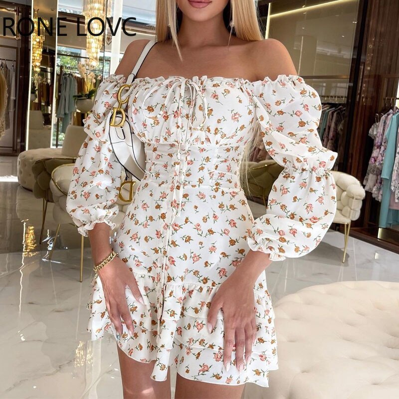 Women Chic Slash Collar Lantern Sleeves Cascading Ruffles Disty Floral Print Sexy A-line Sweet Party Dress alx