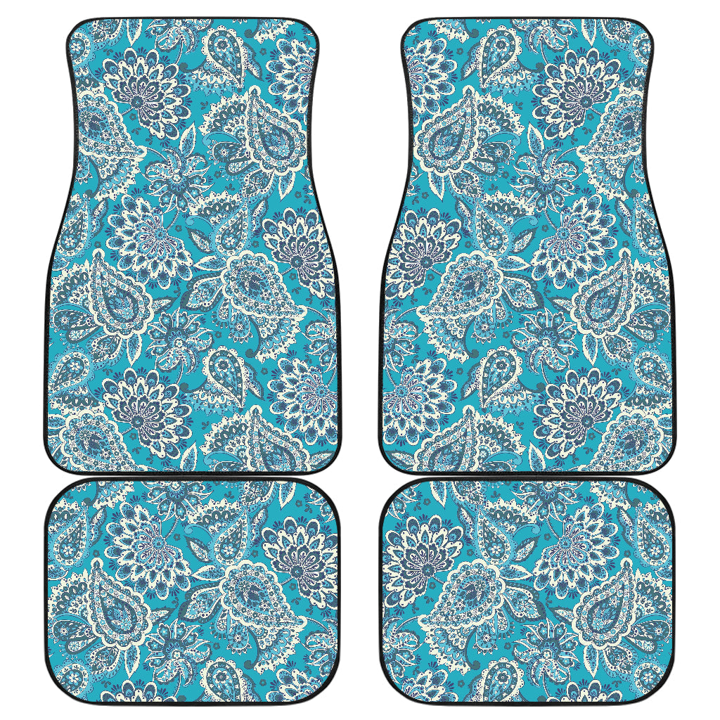 Turquoise Floral Bohemian Pattern Print Front And Back Car Floor Mats, Front Car Mat