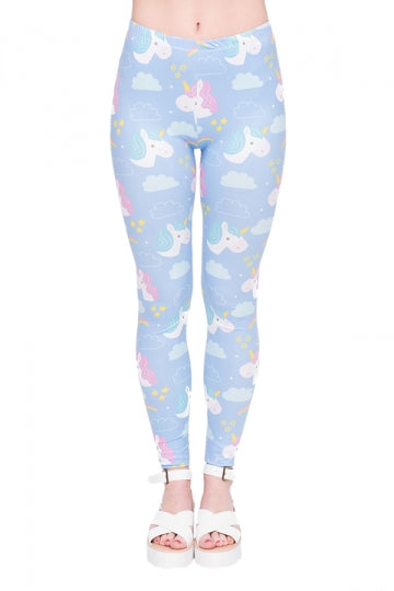 Women Skinny Fitness Halloween Unicorn Printed Leggings Light Blue