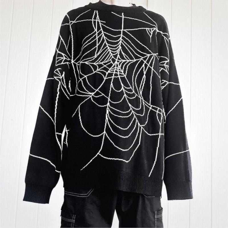 Spider Print Sweater Women Autumn and Winter New Trend Retro Casual Couples Pullover Halloween Gothic Fashion Oversized Sweater alx