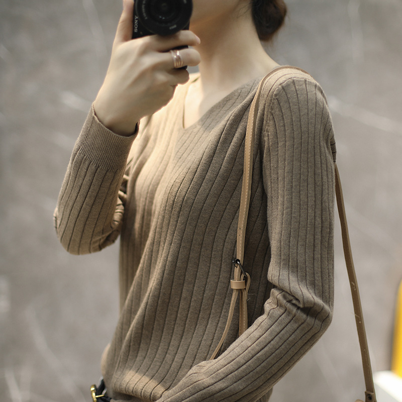 Casual Women Sweater Long Sleeve V-neck Pullover Solid Bottoming Shirt Autumn Winter Knitted Top Stripe Grey Blue Female Jumpers alx