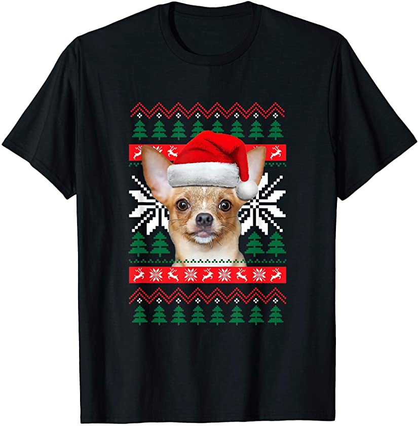 Chihuahua Ugly Christmas Sweater Style Santa Hat T-Shirt