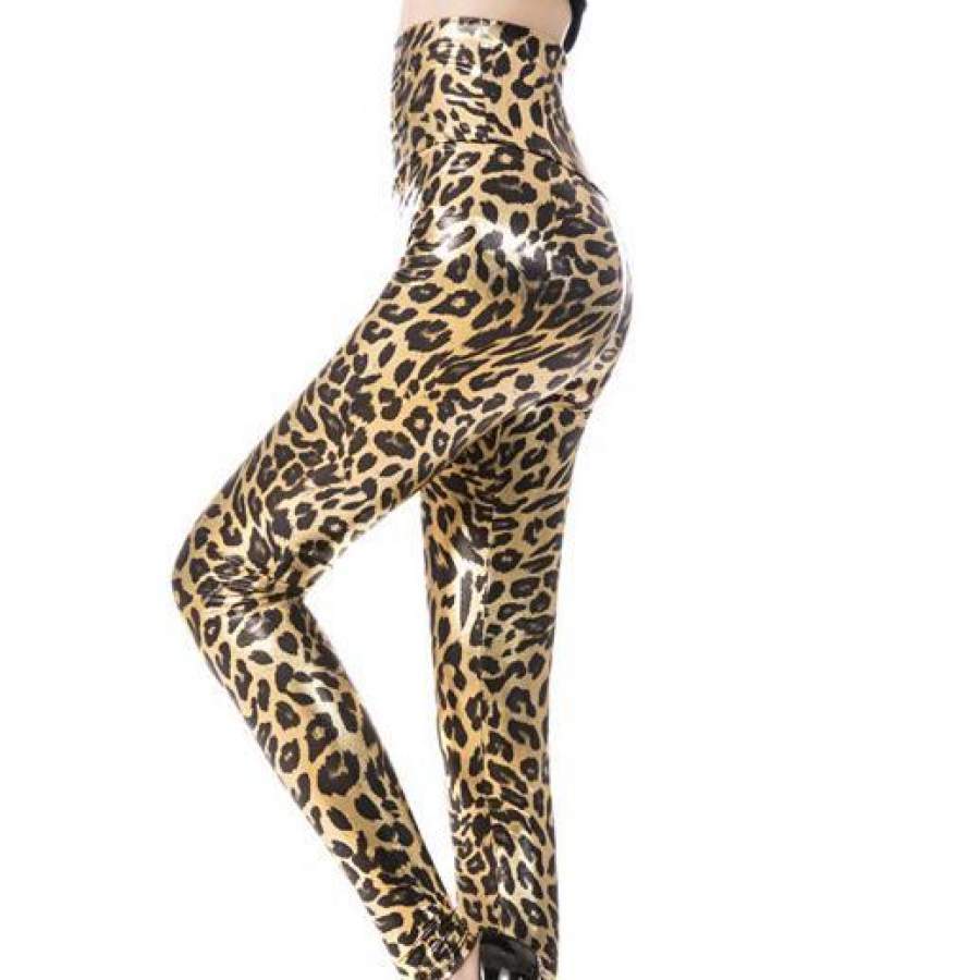 Women’s Faux Leather Leggings Pants Leopard Print Yellow